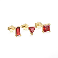 Gold-Plated Geometric Red CZ Stud Earrings