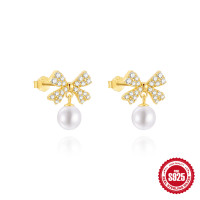 Gold Bow Pearl Drop Stud Earrings