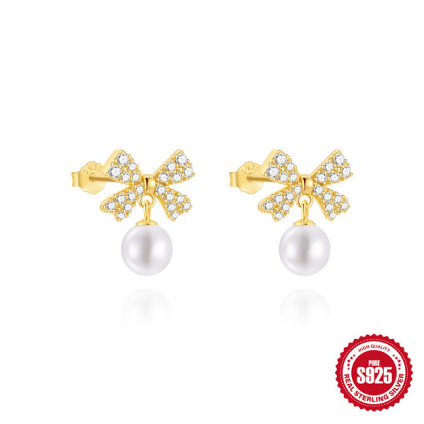 Gold Bow Pearl Drop Stud Earrings
