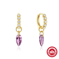 Gold-Tone Huggie Earrings with Purple Gemstone