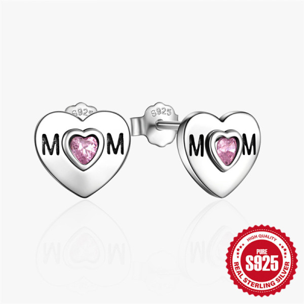 925 Silver Heart MOM Stud Earrings