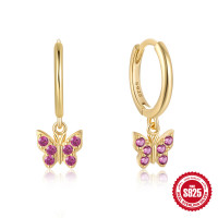 Gold-Plated Butterfly Hoop Earrings with Pink CZ