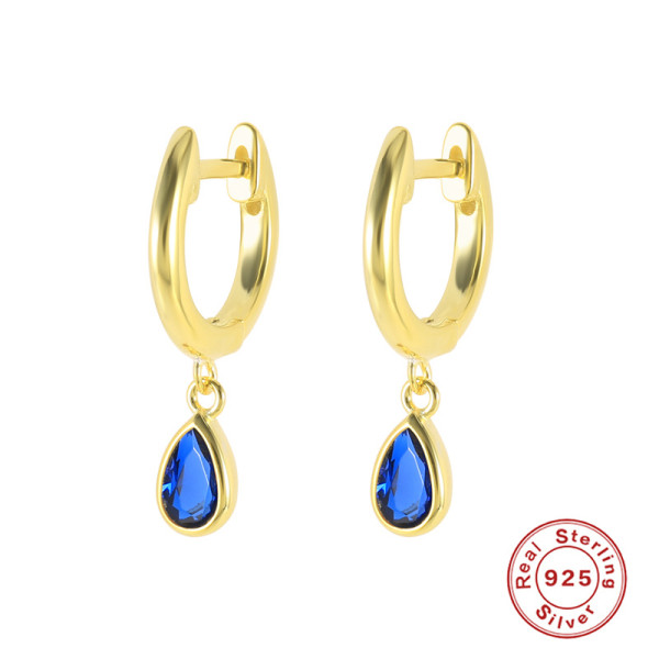 Gold Huggie Earrings with Blue Crystal Drop