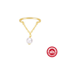 Gold-Plated Pearl Charm Chain Ring