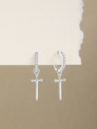 925 Silver Pavé Cross Dangle Hoop Earrings