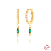 Gold Pavé Huggie Earrings with Green Drop
