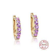 925 Silver Gold-Finish Purple Stone Hoop Earrings
