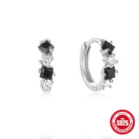 Sterling Silver Black and Clear Stone Huggie Earrings
