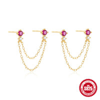Gold-Tone Chain Jacket Earrings with Ruby