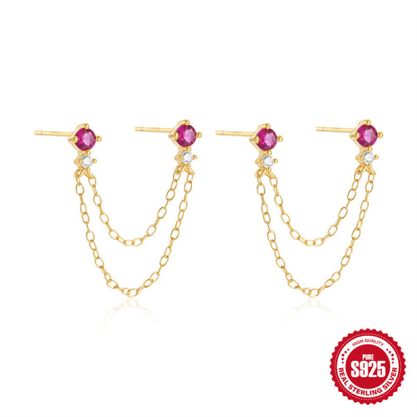 Gold-Tone Chain Jacket Earrings with Ruby