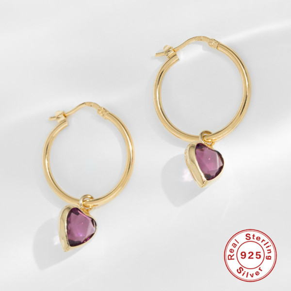 Gold Heart Hoop Earrings with Purple Stone