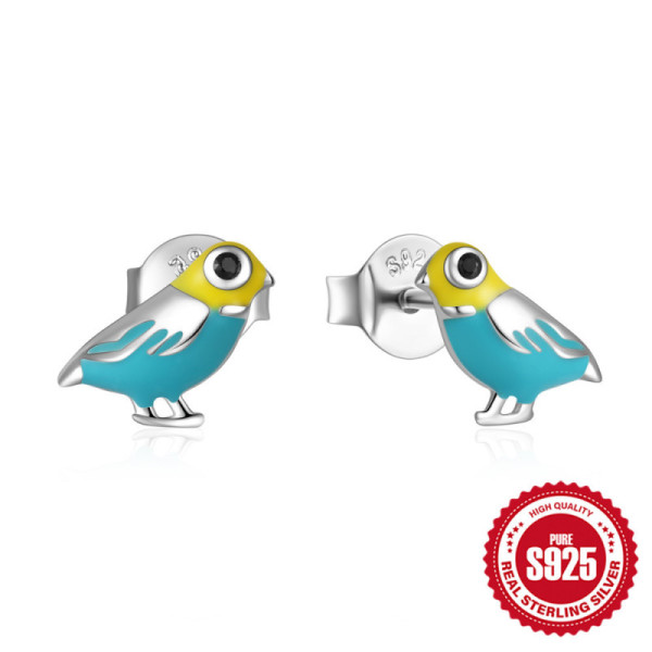 Sterling Silver Enamel Bird Stud Earrings