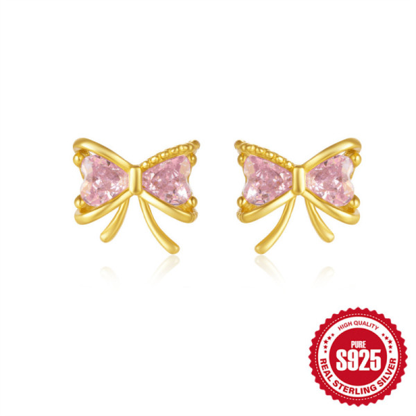 Gold Bow Stud Earrings with Pink CZ