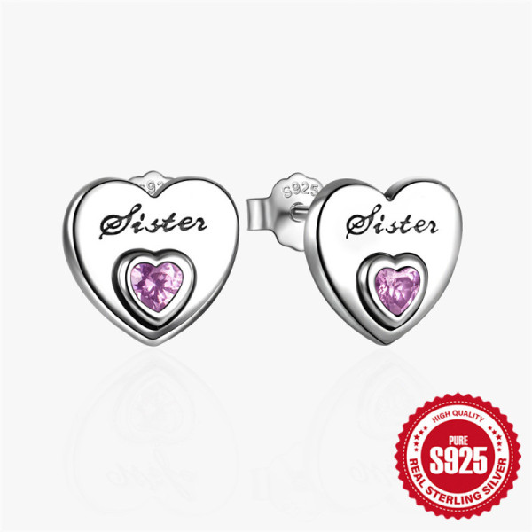 Sterling Silver Heart Sister Stud Earrings