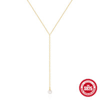 925 Silver Gold-Finish Pearl Drop Lariat Necklace