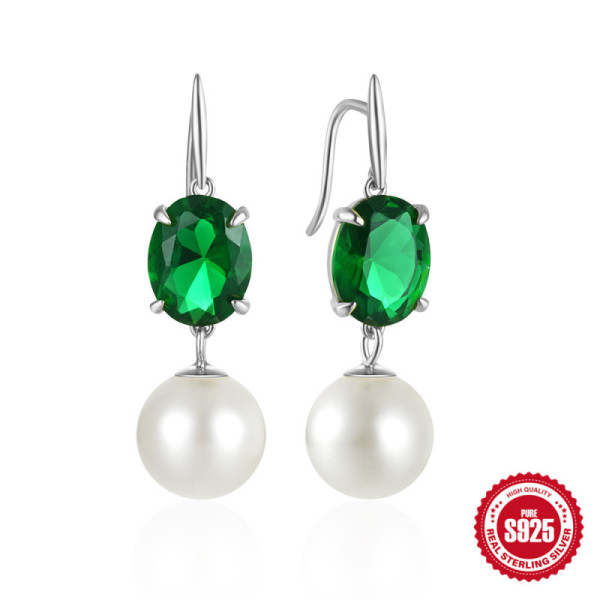 925 Silver Green Stone and Pearl Drop Earrings