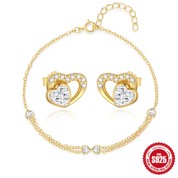 Gold-Tone Heart Motif Stud Earrings and Bracelet Set