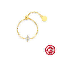 Gold-Plated Cross Chain Ring with Cubic Zirconia