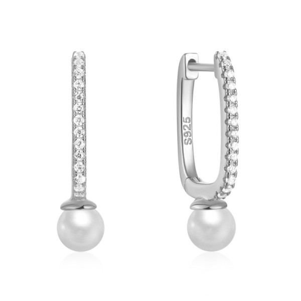 925 Silver Pavé Pearl Drop Huggie Earrings