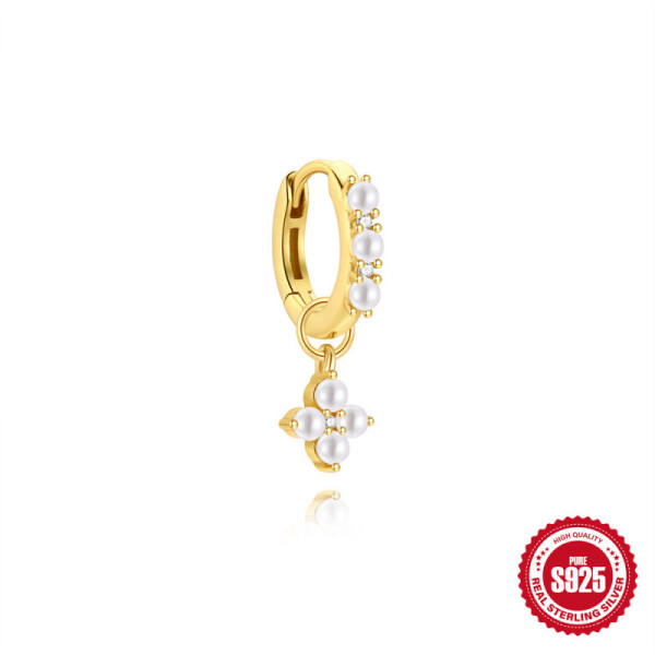 Gold-Plated Pearl Floral Huggie Earrings
