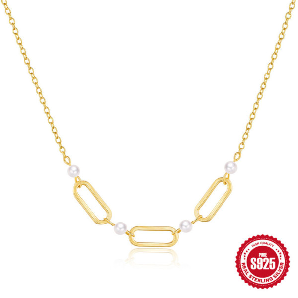 Gold-Plated Geometric Link Necklace with Pearls